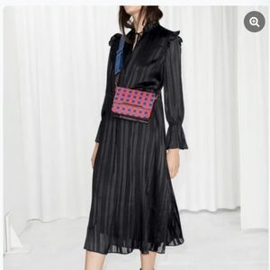 Paris Atelier & Other Stories Black Striped Midi Dress w Ruffle Collar Frills 6